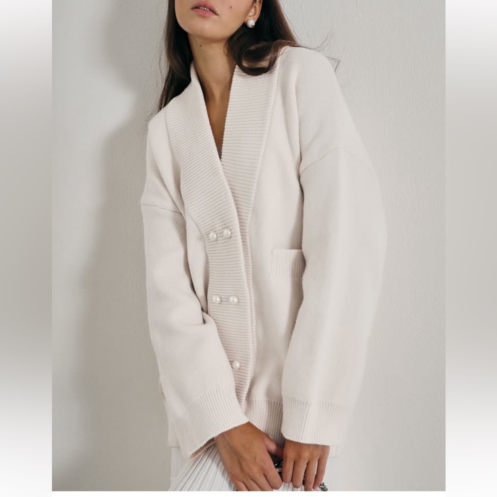 VITA GRECE Cream Pearl-Button Rib Trim Cardigan